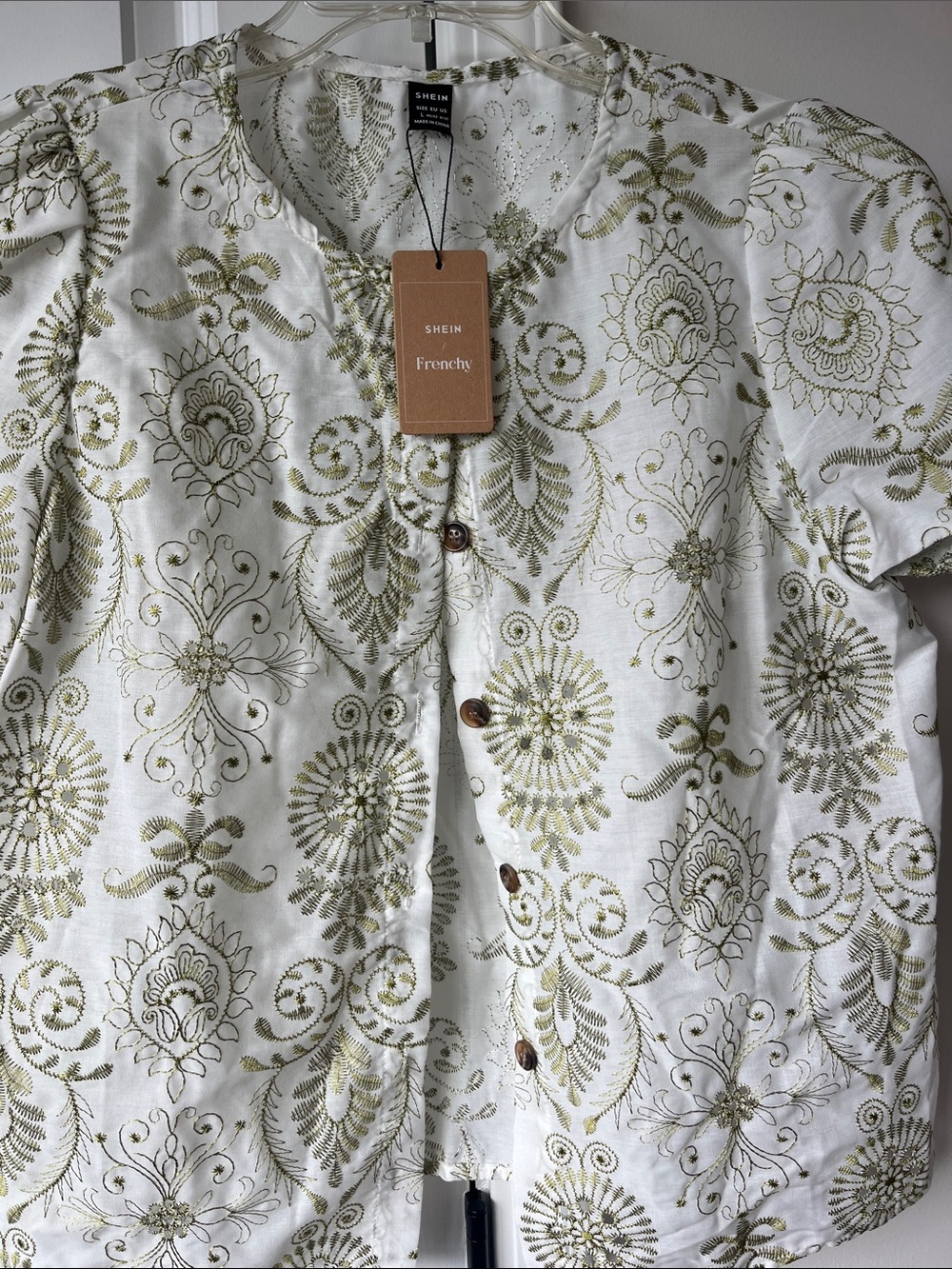 SHEIN White Top with Olive Embroidered Floral Motifs